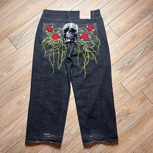 Vintage Christian Audigier Baggy Embroidered Skull and Rose Denim Jeans